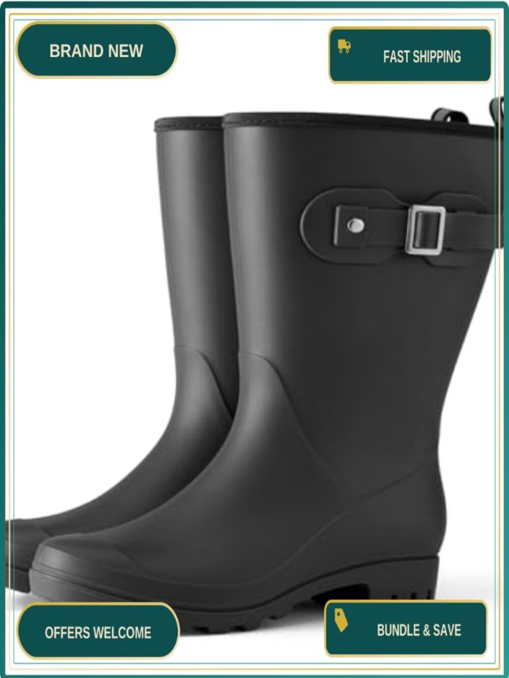 Waterproof Mid-Calf Wellington Rain Boots with Buckle Anti-Slip Garden Shoes